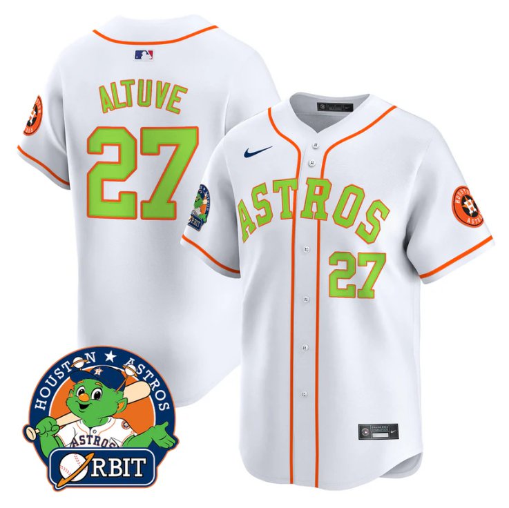 Men's José Altuve Jersey #27 Astros Orbit Patch Vapor Premier Limited V2 Stitched White