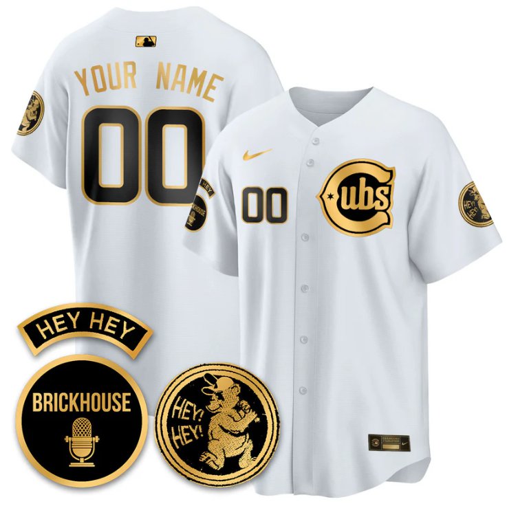 Custom Chicago Cubs Jersey Jack Brickhouse Hey Hey Patch Limited Stitched White Gold