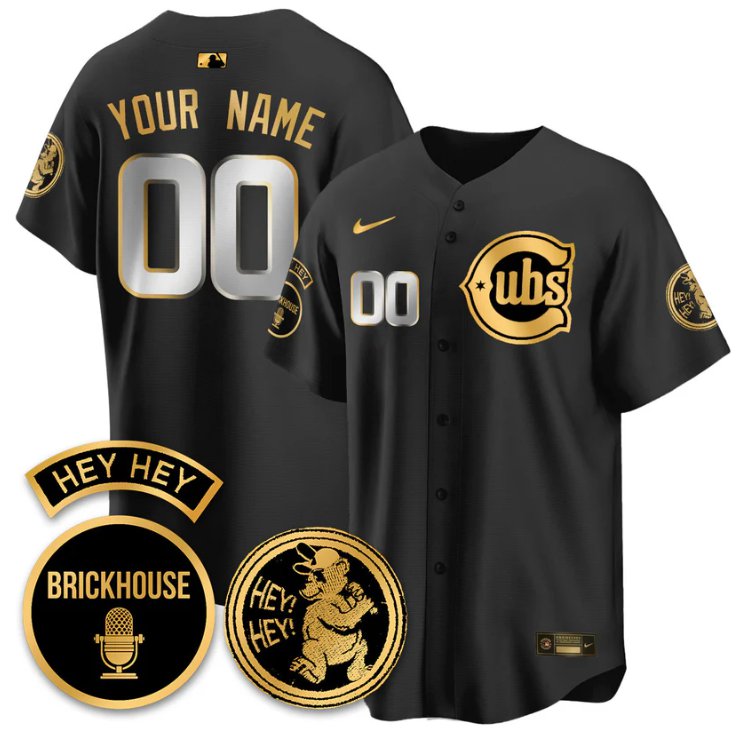 Custom Chicago Cubs Jersey Jack Brickhouse Hey Hey Patch Limited Stitched Black Gold