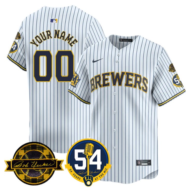 Custom Milwaukee Brewers Jersey 2025 Bob Uecker, 54 Seasons for Brewers Stitched White