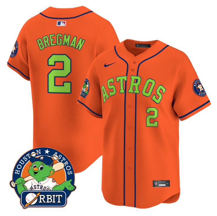 Men's Alex Bregman Jersey #2 Astros Orbit Patch Vapor Premier Limited V2 Stitched Orange