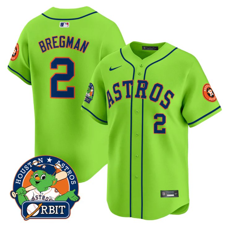 Men's Alex Bregman Jersey #2 Astros Orbit Patch Vapor Premier Limited V2 Stitched Green