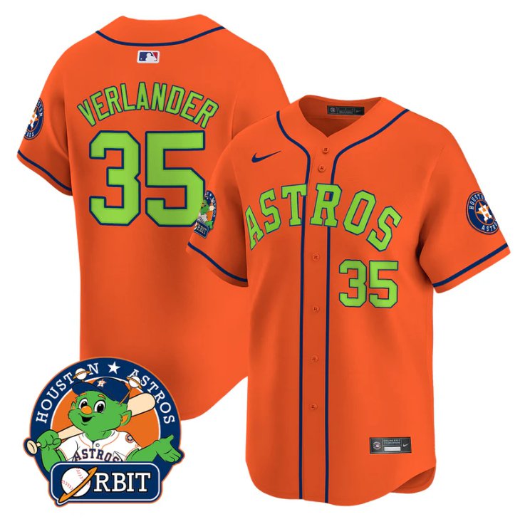 Men's Justin Verlander Jersey #35 Astros Orbit Patch Vapor Premier Limited V2 Stitched Orange