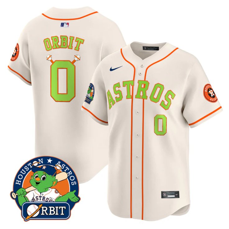 Men's Orbit Jersey #0 Astros Orbit Patch Vapor Premier Limited V2 Stitched Cream