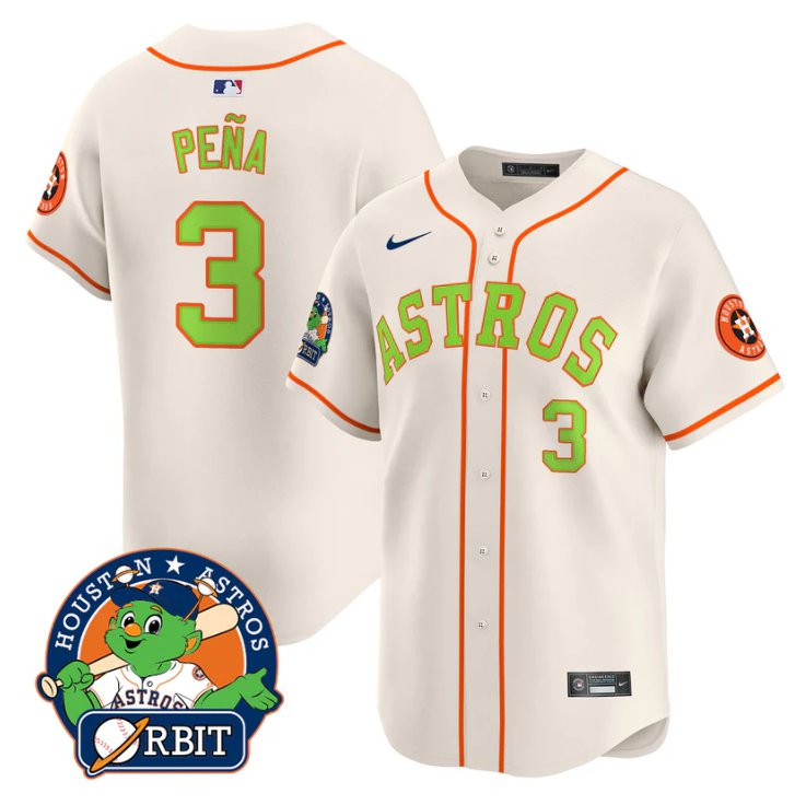 Men's Jeremy Pena Jersey #3 Astros Orbit Patch Vapor Premier Limited V2 Stitched Cream