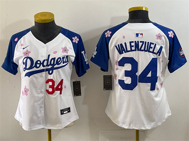 Women's Los Angeles Dodgers #34 Fernando Valenzuela White Royal 2025 Tokyo Series Limited Stitched Baseball Jersey