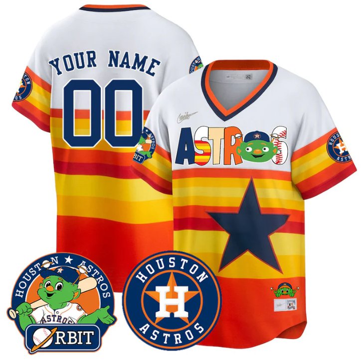 Houston Astros Orbit Nike Cooperstown Custom Stitched Baseball Jersey White Orange
