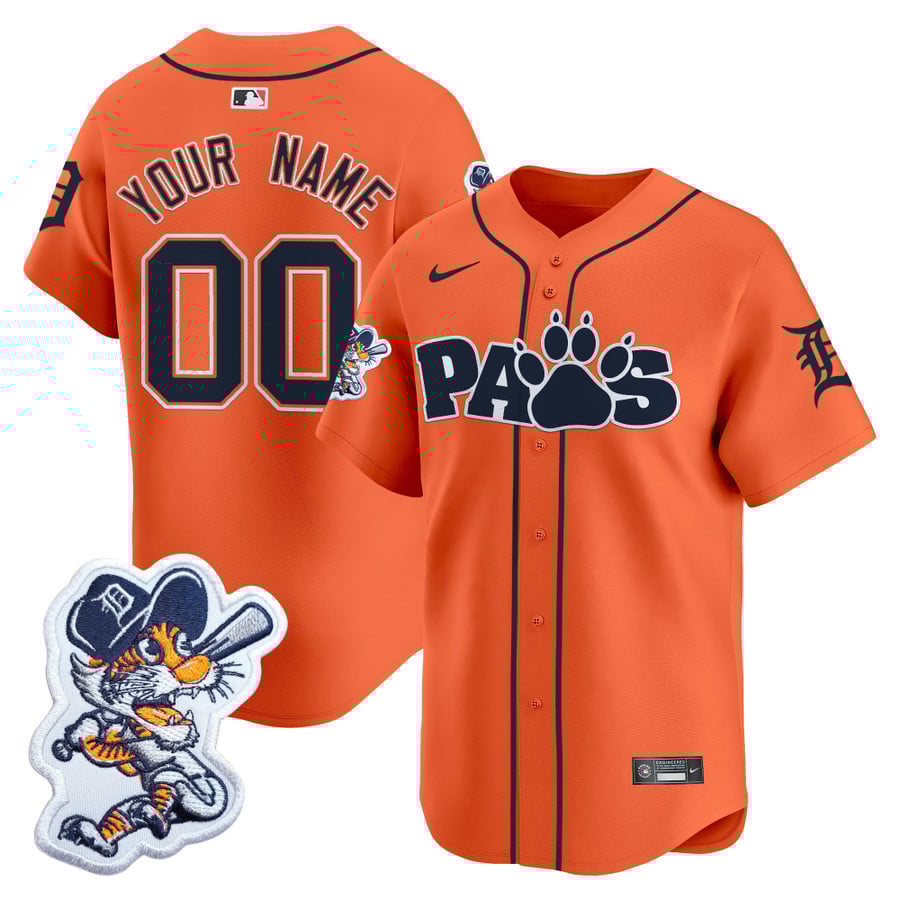 Detroit Tigers Paws Patch Vapor Premier Limited Custom Stitched Baseball Jersey Orange