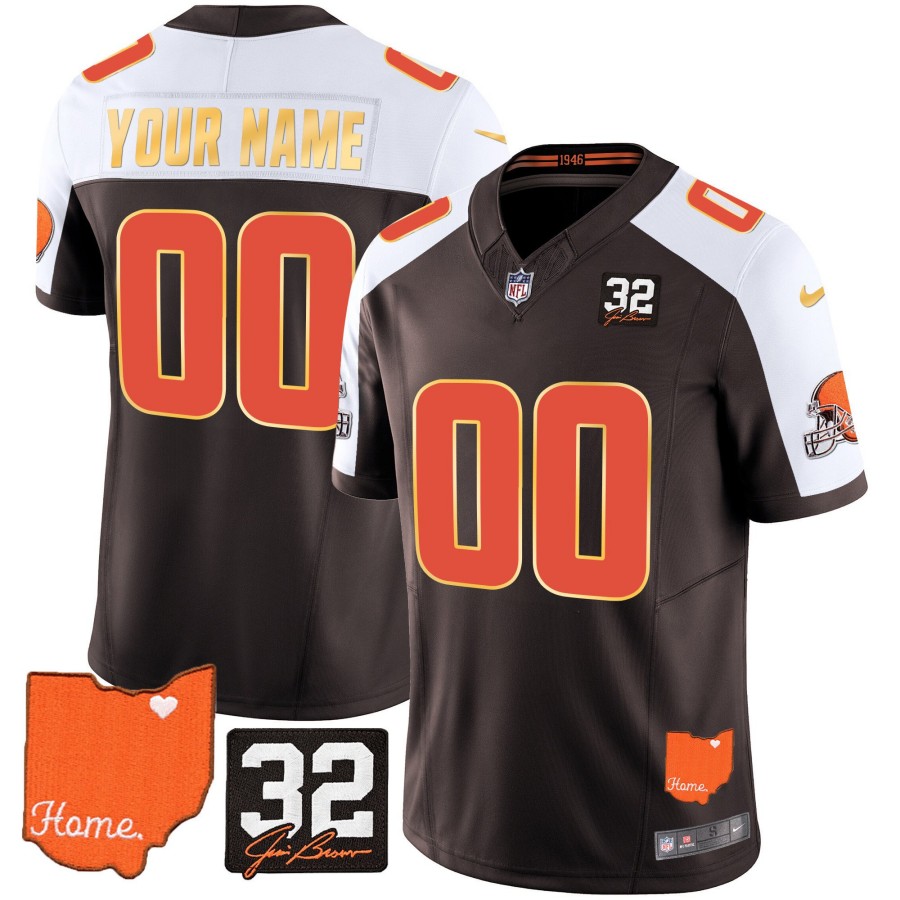 Cleveland Browns #32 Jim Brown Memorial & Home Patch Gold Trim Custom Stitched Limited Jersey Brown Alternate