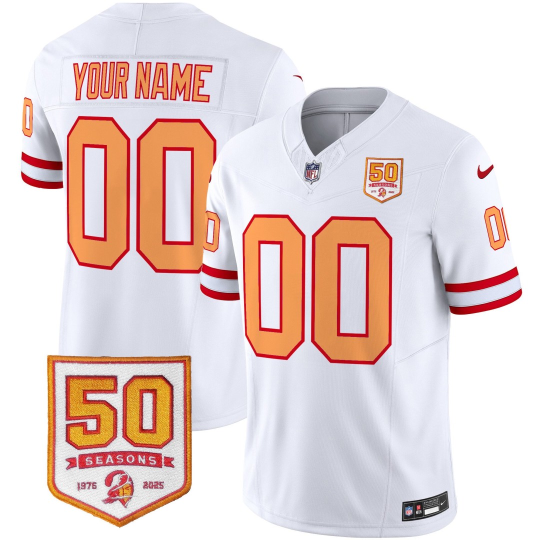 Tampa Bay Buccaneers Active Player Custom White 2025 F.U.S.E. 50th Season Patch Throwback Vapor Untouchable Limited Stitched Football Jersey