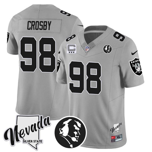 Men's Las Vegas Raiders #98 Maxx Crosby Nike Gray F.U.S.E. With John Madden Honoring & Nevada Silver State With 3-Star C patch Football Stitched Jersey