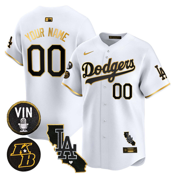 Men's Los Angeles Dodgers Active Player Custom White Gold 2025 Vin Patch & Kobe Bryant V2 Vapor Limited Stitched Baseball Jersey