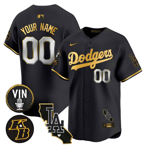 Men's Los Angeles Dodgers Active Player Custom Black Gold 2025 Vin Patch & Kobe Bryant V2 Vapor Limited Stitched Baseball Jersey