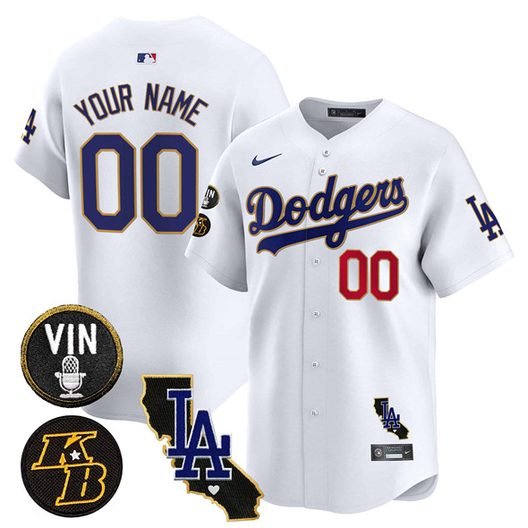 Men's Los Angeles Dodgers Active Player Custom White 2025 Vin Patch & Kobe Bryant V2 Vapor Limited Stitched Baseball Jersey