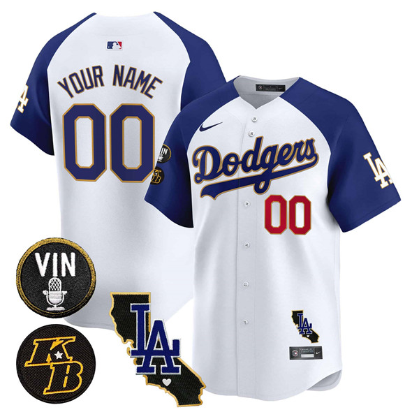 Men's Los Angeles Dodgers Active Player Custom White 2025 Vin Patch & Kobe Bryant V2 Vapor Alternate Limited Stitched Baseball Jersey