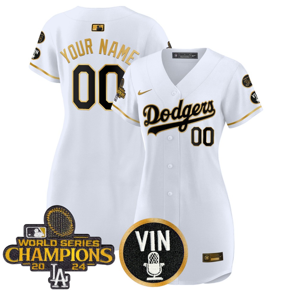 Women's Dodgers White Gold 2025 Vin Scully & #34 Fernando & WSC Patch Custom Gold Baseball Dress - All Stitched