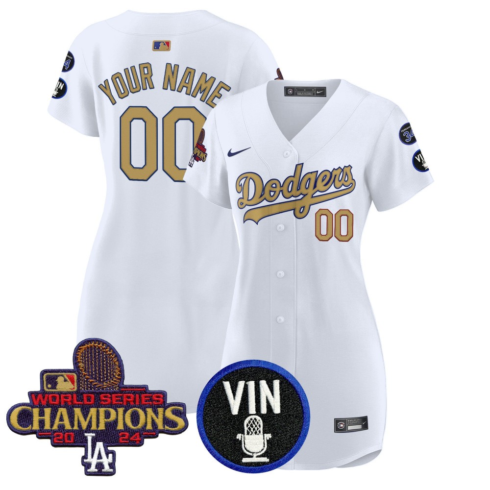 Women's Dodgers White 2025 Vin Scully & #34 Fernando & WSC Patch Custom Gold Baseball Dress - All Stitched
