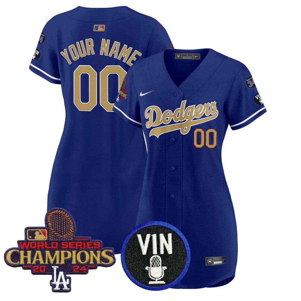 Women's Dodgers Royal 2025 Vin Scully & #34 Fernando & WSC Patch Custom Gold Baseball Dress - All Stitched