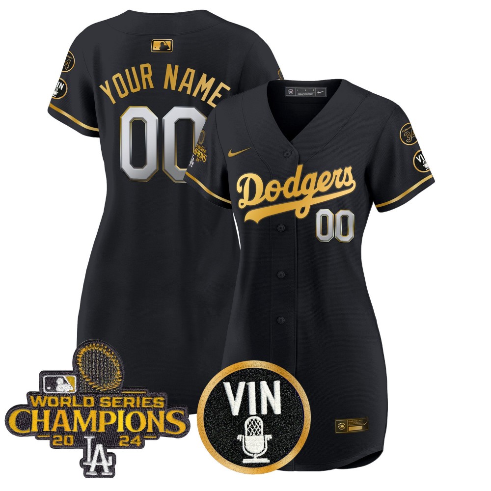 Women's Dodgers Black Gold 2025 Vin Scully & #34 Fernando & WSC Patch Custom Gold Baseball Dress - All Stitched