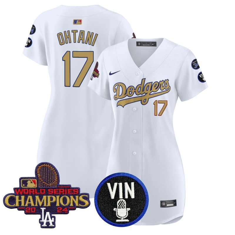 Women's Los Angeles Dodgers #17 Shohei Ohtani White 2025 Gold Vin Scully & #34 Fernando & WSC Patch  Stitched Baseball Dress Uniform