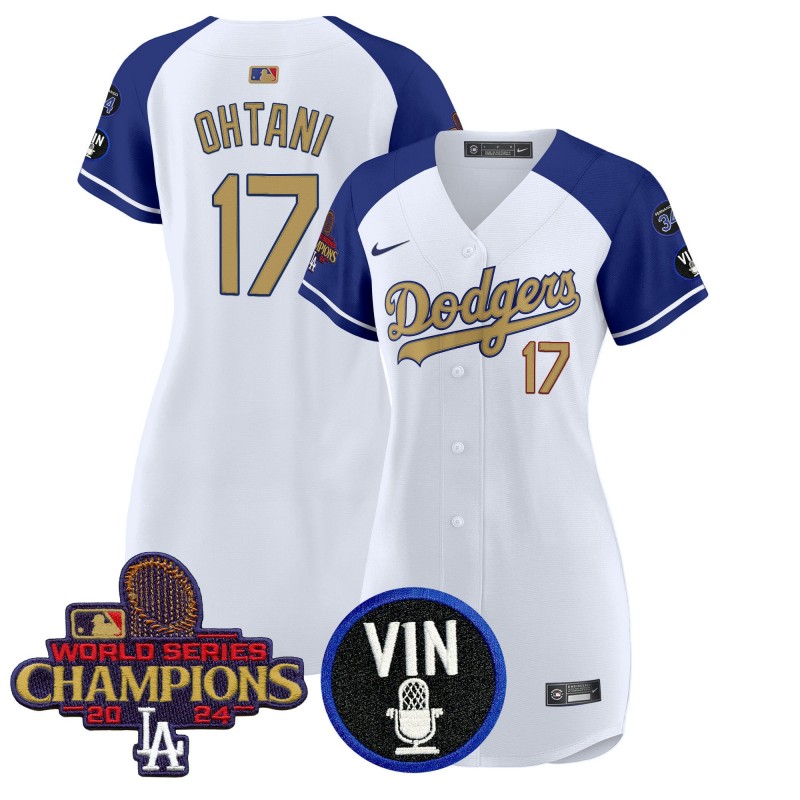 Women's Los Angeles Dodgers #17 Shohei Ohtani Alternate 2025 Gold Vin Scully & #34 Fernando & WSC Patch  Stitched Baseball Dress Uniform