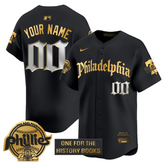 Nike Phillies Custom Retro Newspaper Edition Patch Gold Limited Stitched MLB Baseball Jersey Black Gold