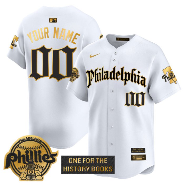 Nike Phillies Custom Retro Newspaper Edition Patch Gold Limited Stitched MLB Baseball Jersey White Gold