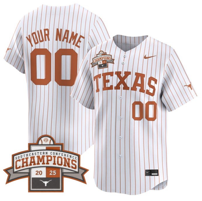 SEC Nike Texas Longhorns Custom 2025 Champions Patch Limited Stitched Baseball Jersey Pinstripe