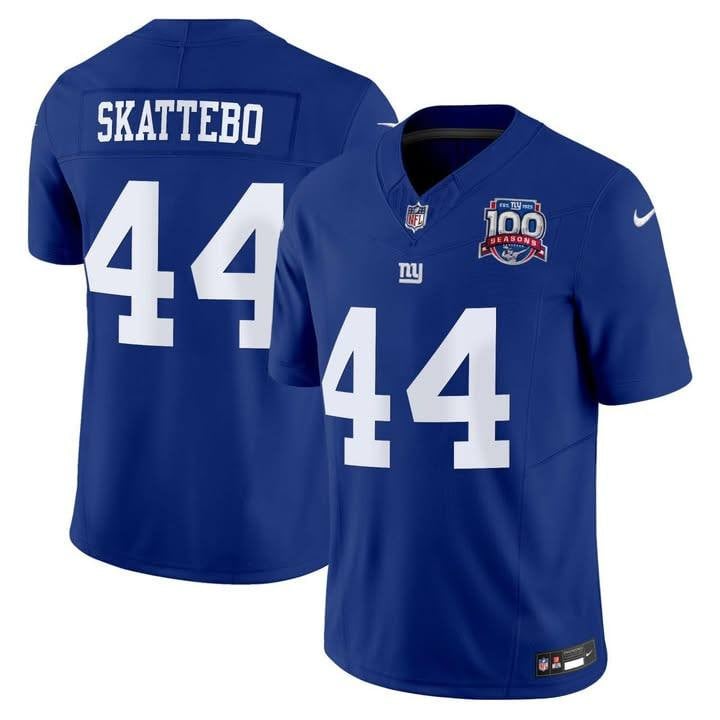 Men's New York Giants #44 Cam Skattebo Royal Blue 100th Patch 2025 Draft F.U.S.E. Vapor Limited Stitched Jersey