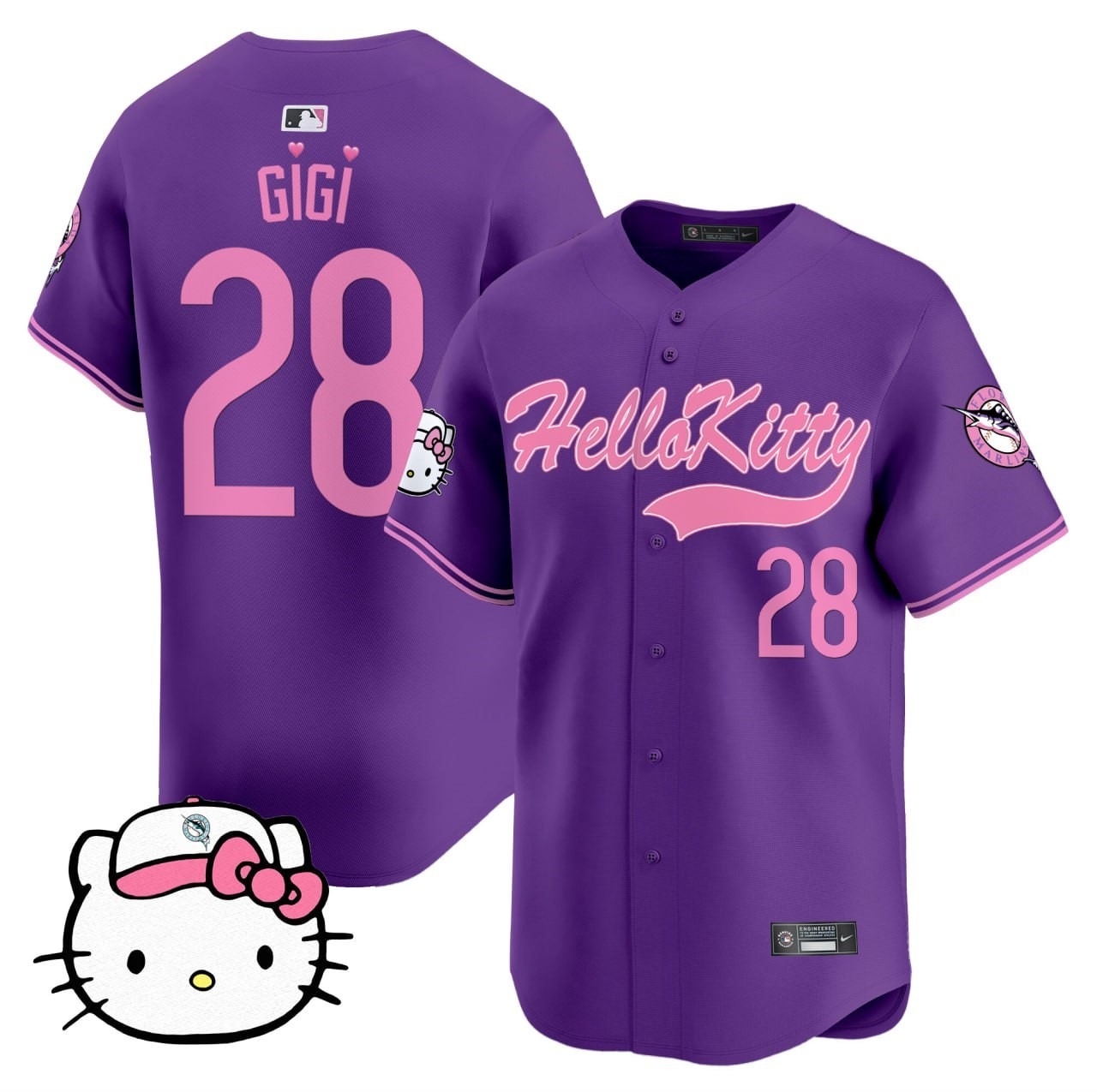 Nike Gigi #28 Florida Marlins Hello Kitty Purple Stitched Baseball Jersey