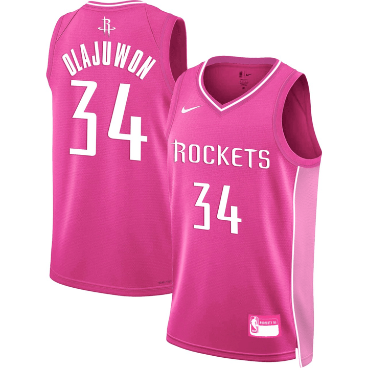 Men's Hakeem Olajuwon #34 Houston Rockets Pink Jersey - All Stitched