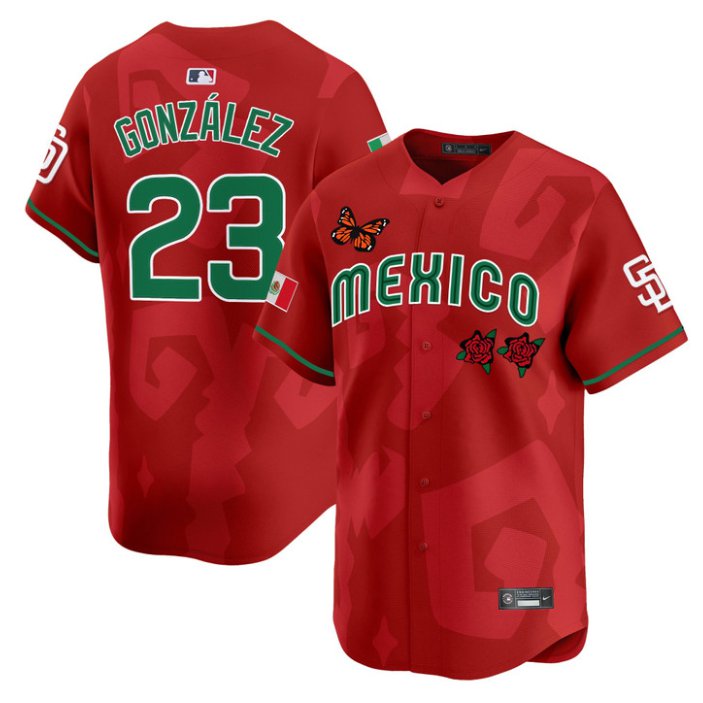 Men's San Diego Padres #23 Adrian Gonzalez Red Mexican Heritage 2025 Sentrock Vapor Limited Stitched Baseball Jersey