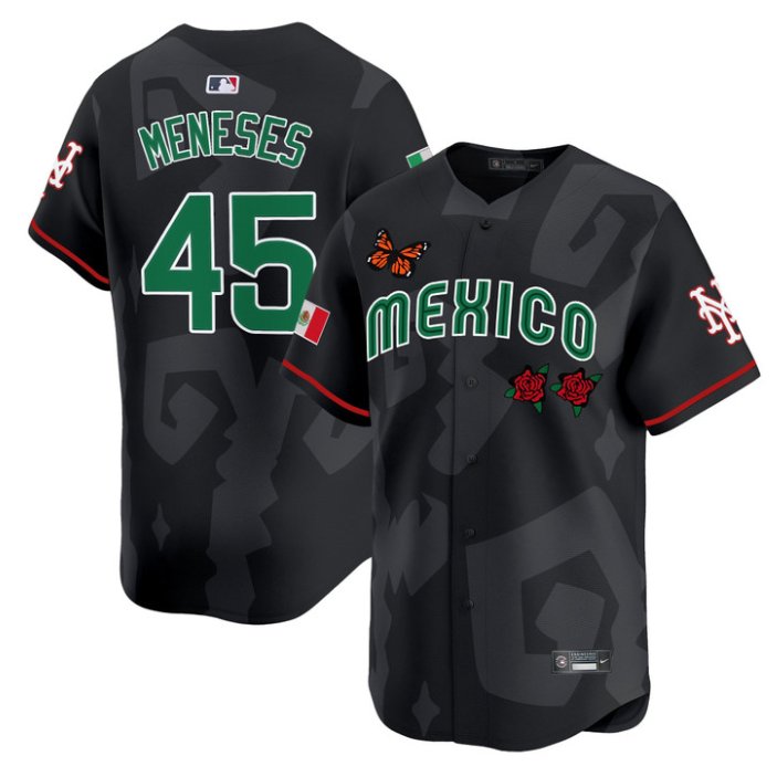 Men's New York Mets #45 Joey Meneses Black Mexican Heritage 2025 Sentrock Limited Stitched Baseball Jersey