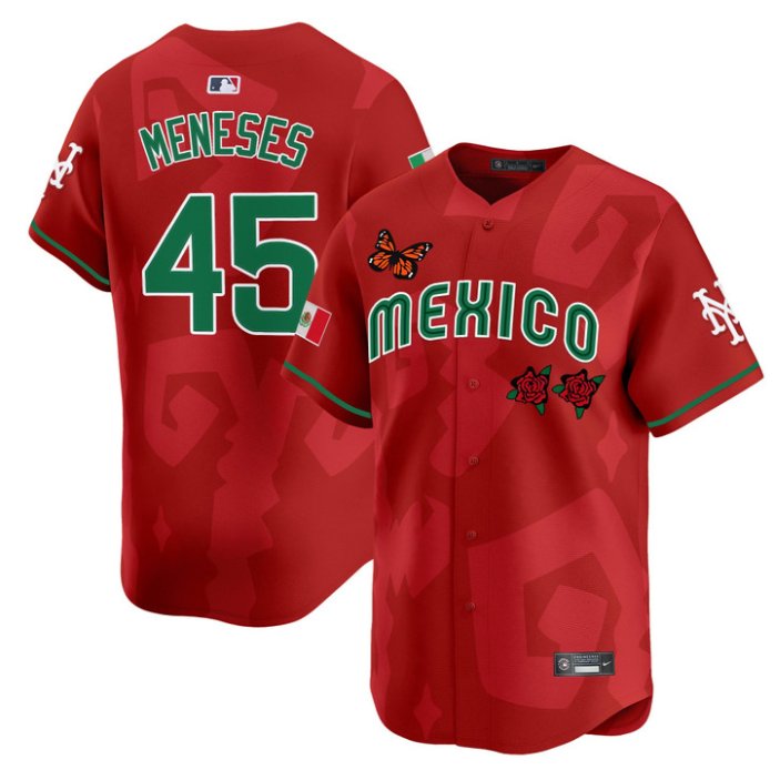 Men's New York Mets #45 Joey Meneses Red Mexican Heritage 2025 Sentrock Limited Stitched Baseball Jersey