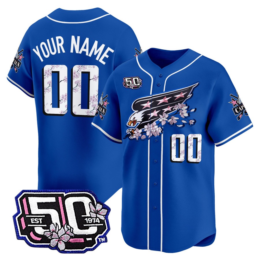 Washington Capitals 2025 Baseball Custom 50th Anniversary Cherry Blossom Style Vapor Premier Limited Jersey Royal - All Stitched