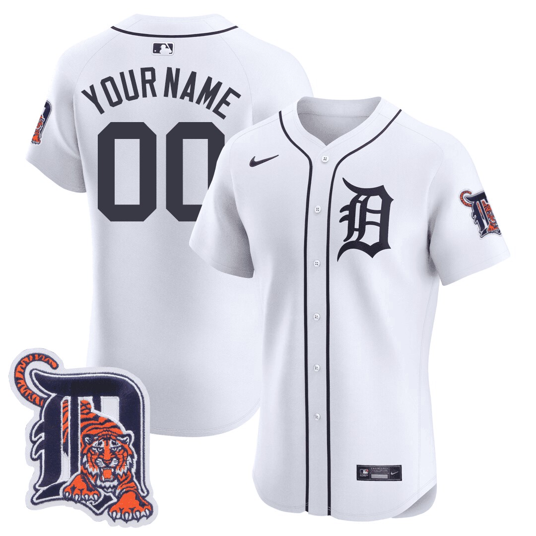 Detroit Tigers Logo Patch Elite White Baseball Custom Jersey - All Stitched