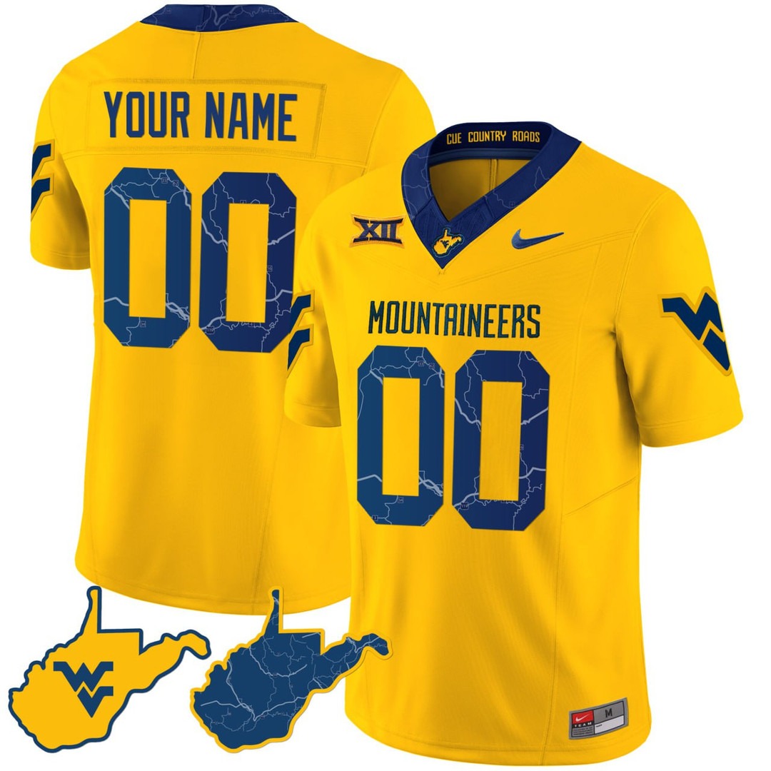 West Virginia Mountaineers 2023 Country Roads Custom Jersey Gold Sleeves - All Stitched