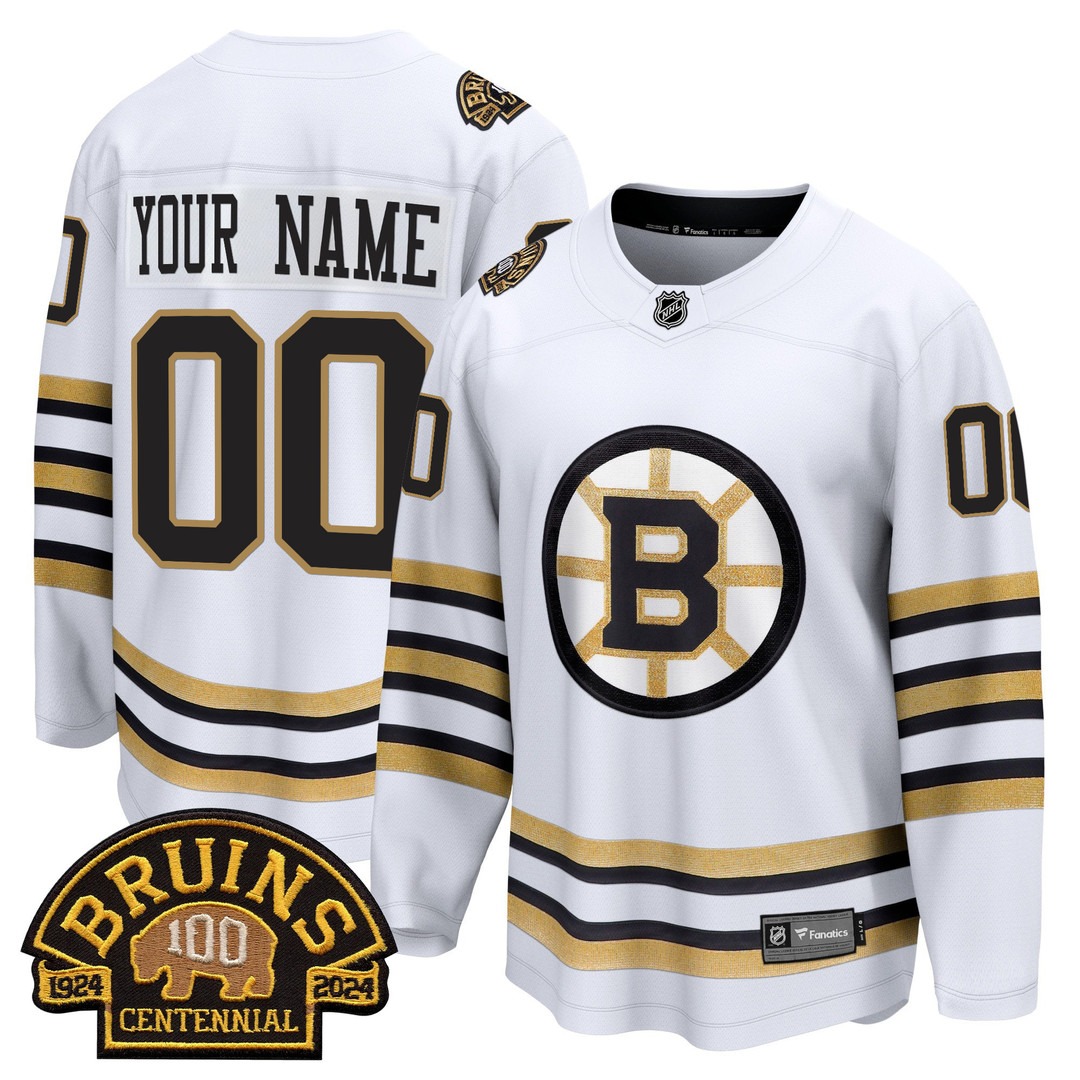 Boston Bruins 100 BB Centennial Patch Breakaway Custom Jersey White - All Stitched