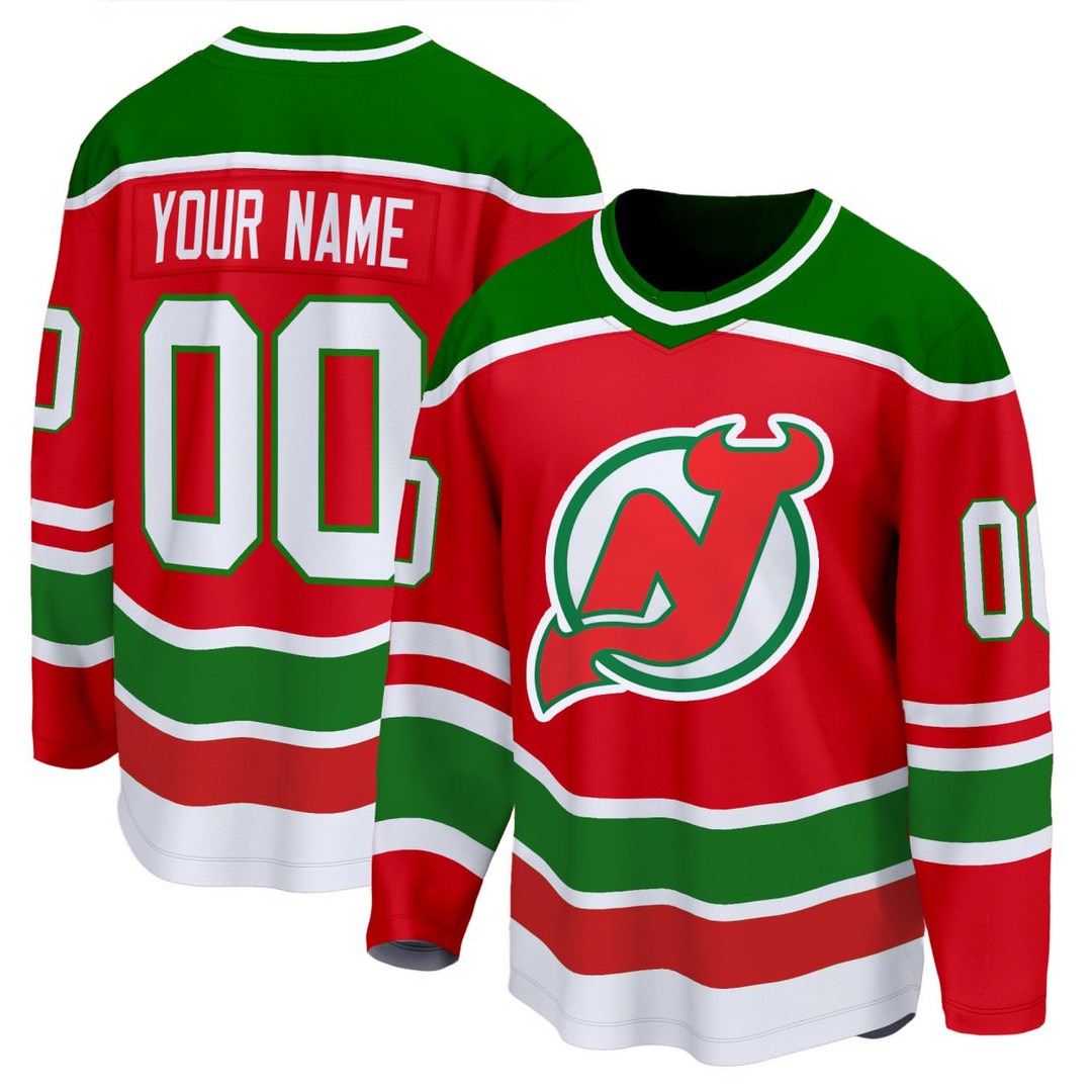 New Jersey Devils Red & Green 1982-92 Throwback Custom Jersey - All Stitched