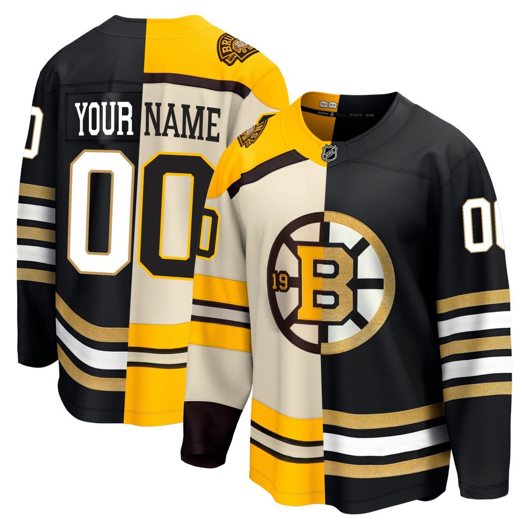 Boston Bruins Split Black Cream Throwback Hockey Custom NHL Jersey - All Stitched