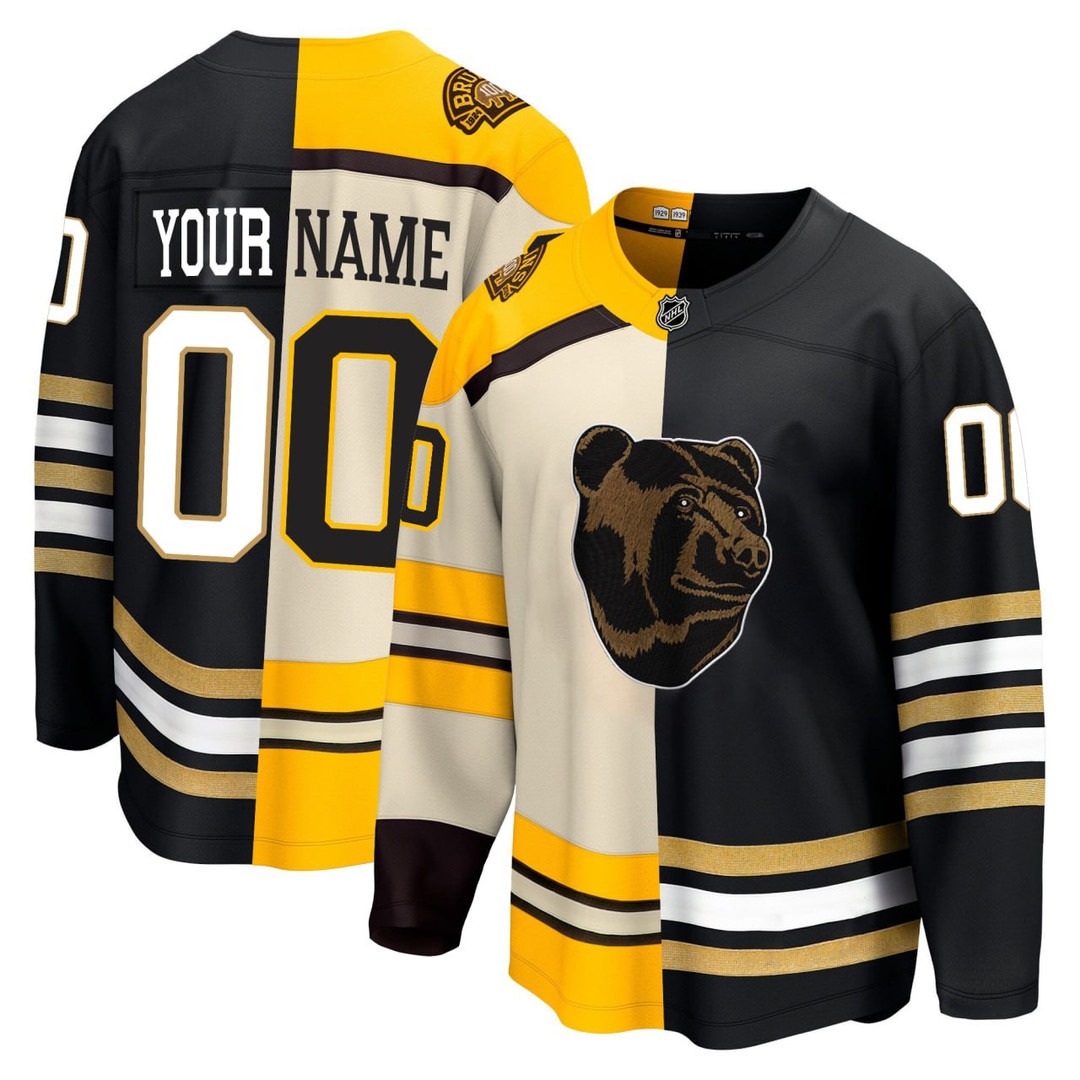 Boston Bruins Split Cream Black Throwback Hockey Custom NHL Jersey - All Stitched
