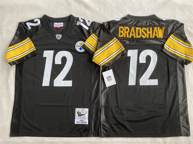 Men's Pittsburgh Steelers #12 Terry Bradshaw Black Throwback Stitched Football Jersey