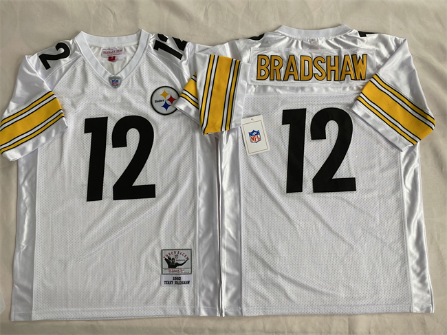 Men's Pittsburgh Steelers #12 Terry Bradshaw White Throwback Stitched Football Jersey