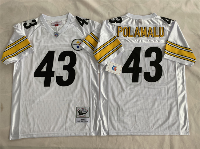 Men's Pittsburgh Steelers #43 Troy Polamalu White Throwback Stitched Football Jersey