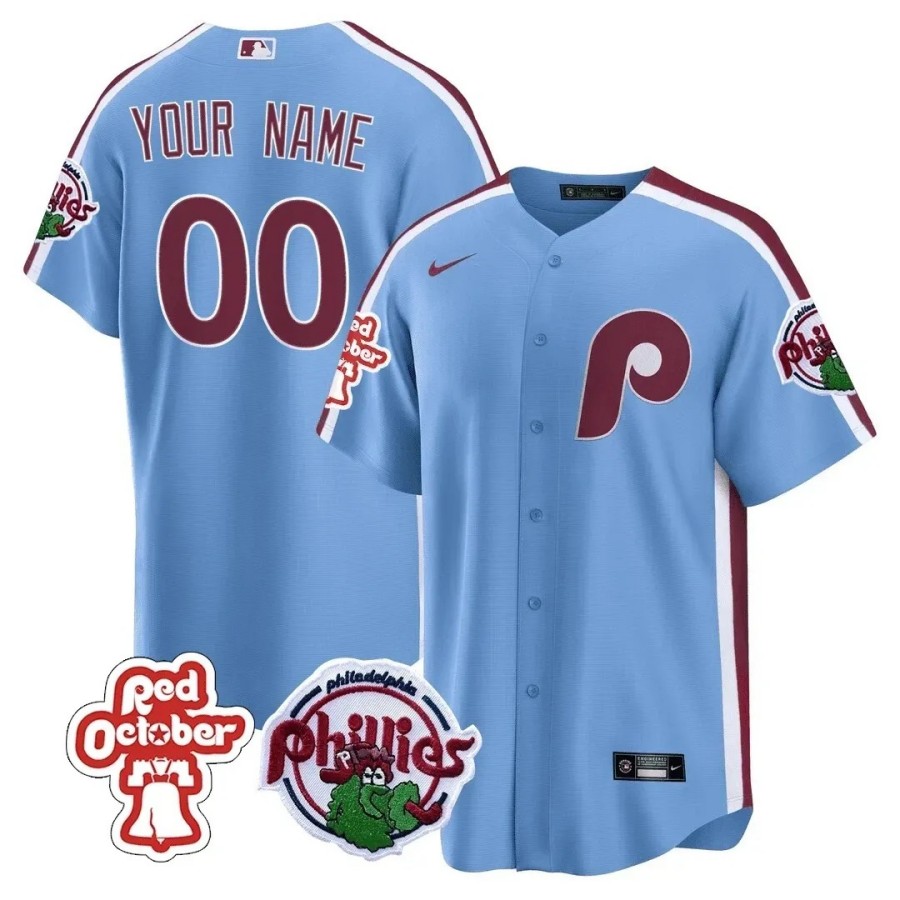 Philadelphia Phillies Custom Blue Cool Base Stitched Baseball Jersey - Red October Patch