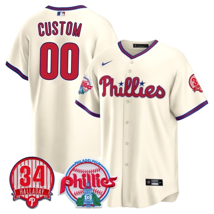 Philadelphia Phillies Custom Cream Cool Base Stitched Baseball Jersey - Roy Halladay #34 Patch