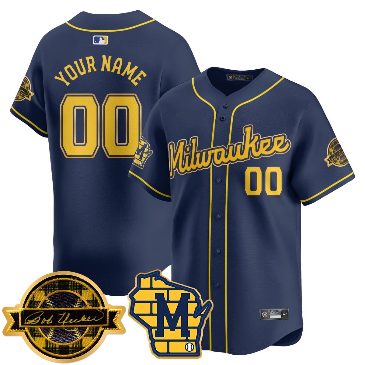 Milwaukee Brewers Active Player Custom Navy 2025 Limited Stitched Gold Jersey - Bob Uecker Patch