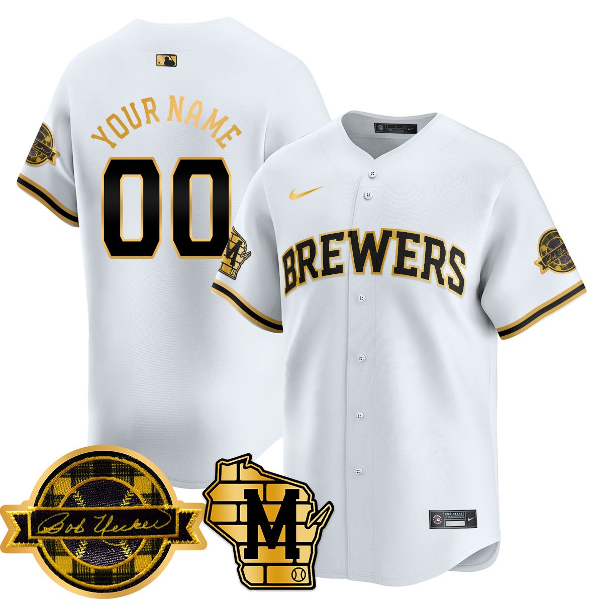 Milwaukee Brewers Active Player Custom White Gold 2025 Limited Stitched Gold Jersey - Bob Uecker Patch