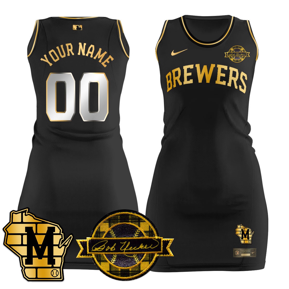 Women's Milwaukee Brewers Active Player Custom Black Gold Limited Stitched Jersey Dress - Bob Uecker Patch