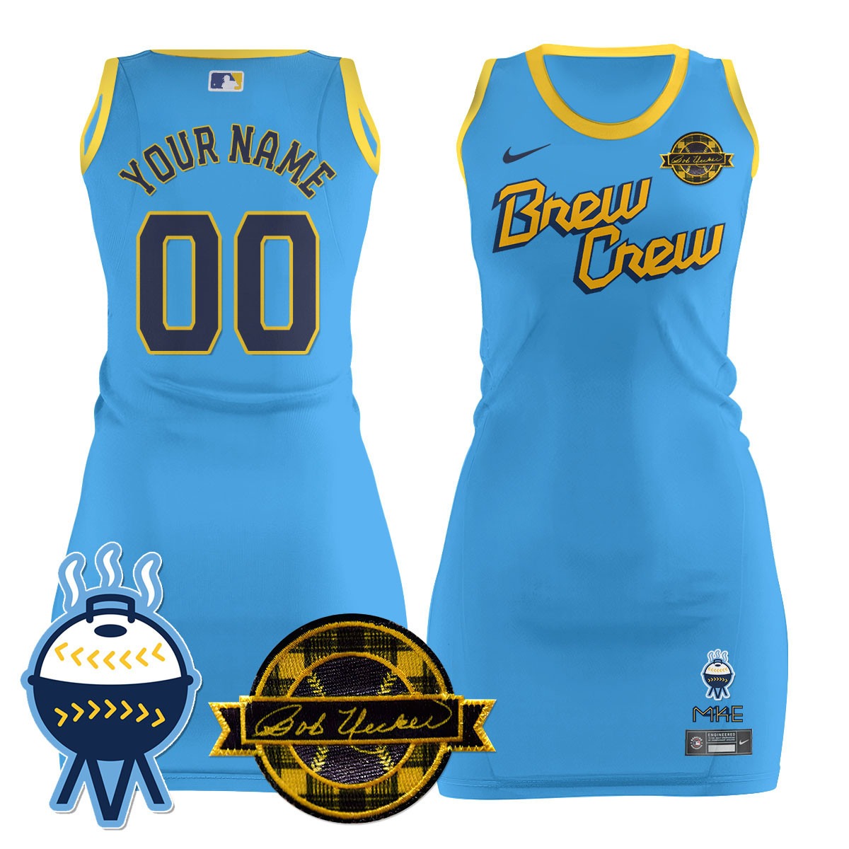 Women's Milwaukee Brewers Active Player Custom City Connect Limited Stitched Jersey Dress - Bob Uecker Patch
